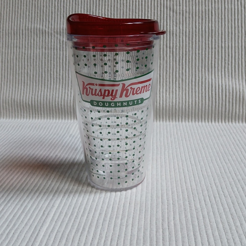 Krispy Kreme Doughnuts 16oz Insulated Travel Tumbler Red Lid Polka Dot Clear